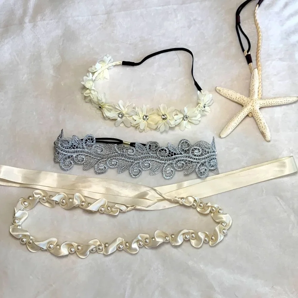 Lot of Four Headbands Cream and Silver Theme Starfish Faux Pearl Lace